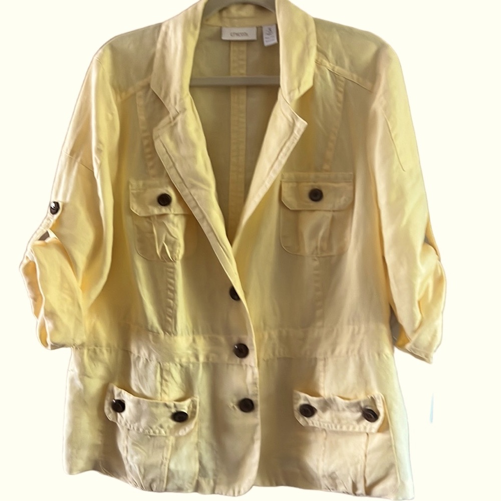 Chico's Yellow Linen Utility Jacket Size (3) XL Safari Cargo Button Up Blazer